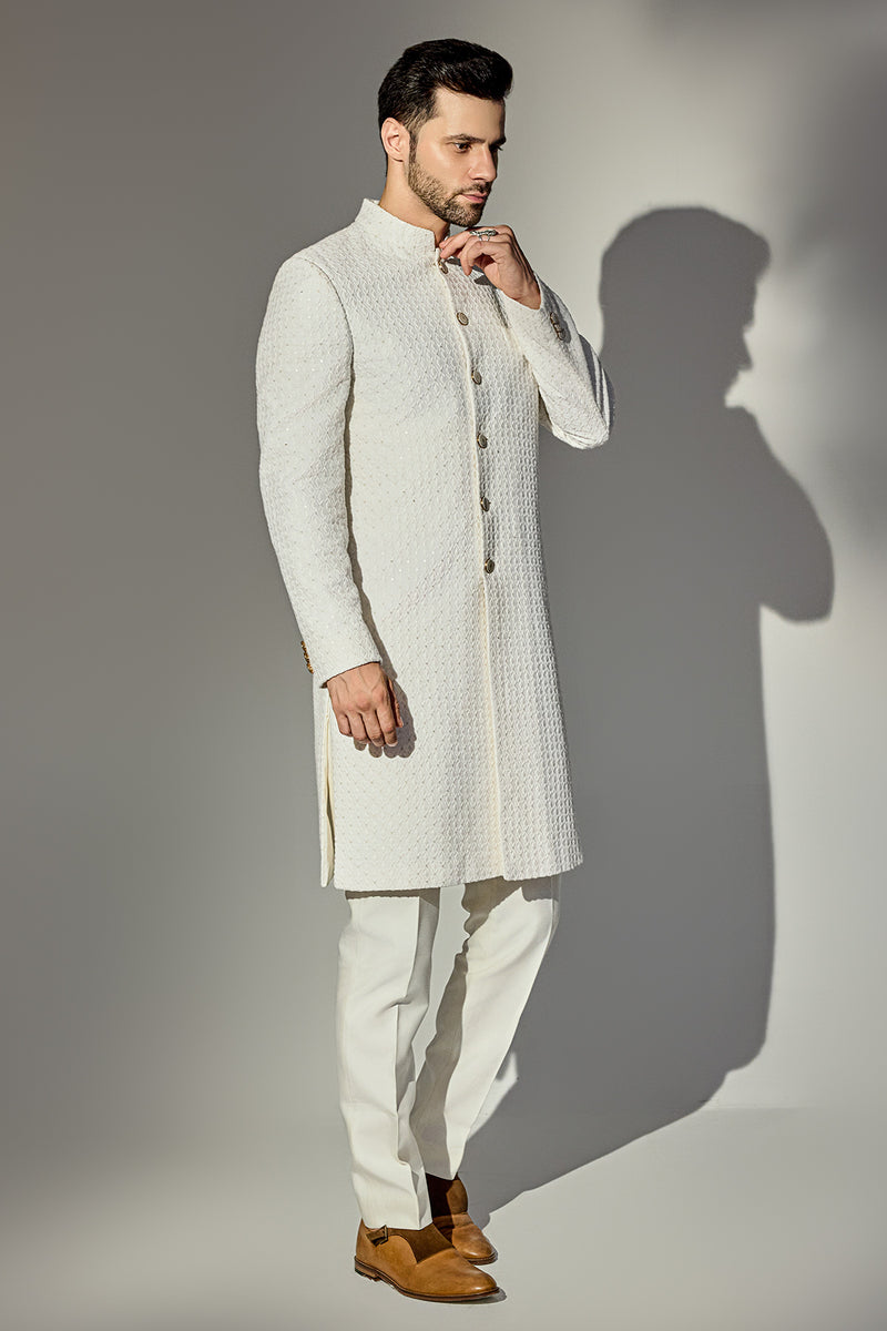 Offwhite Thread Work Achkan With Single Sequins