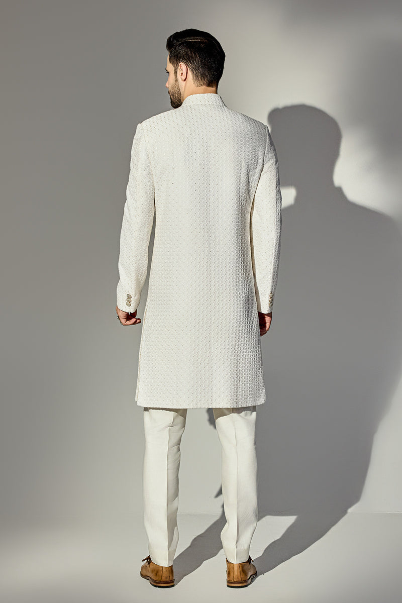 Offwhite Thread Work Achkan With Single Sequins