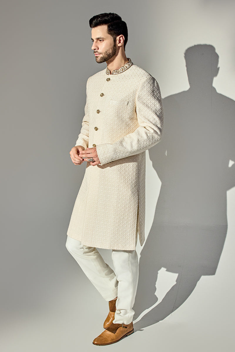 Offwhite Thread Work Achkan With Single Sequins