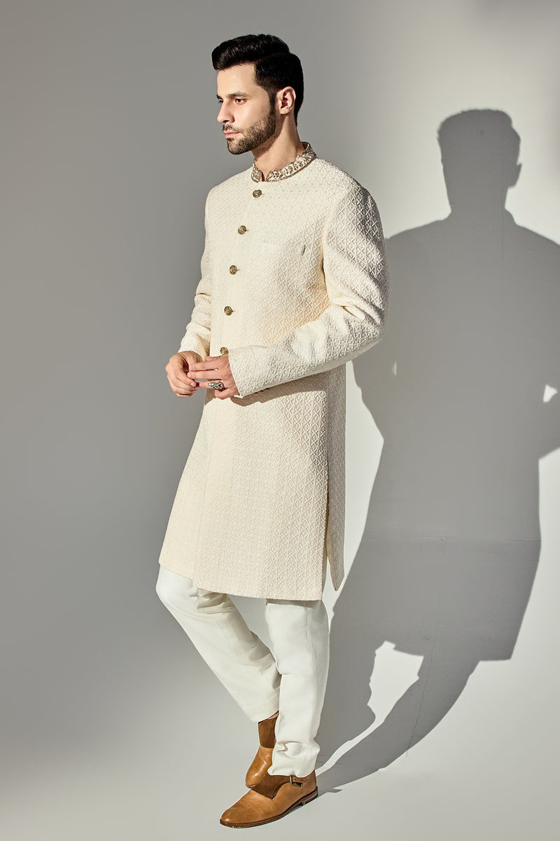Light Pink Dabbi Achkan With Neck Gold Work
