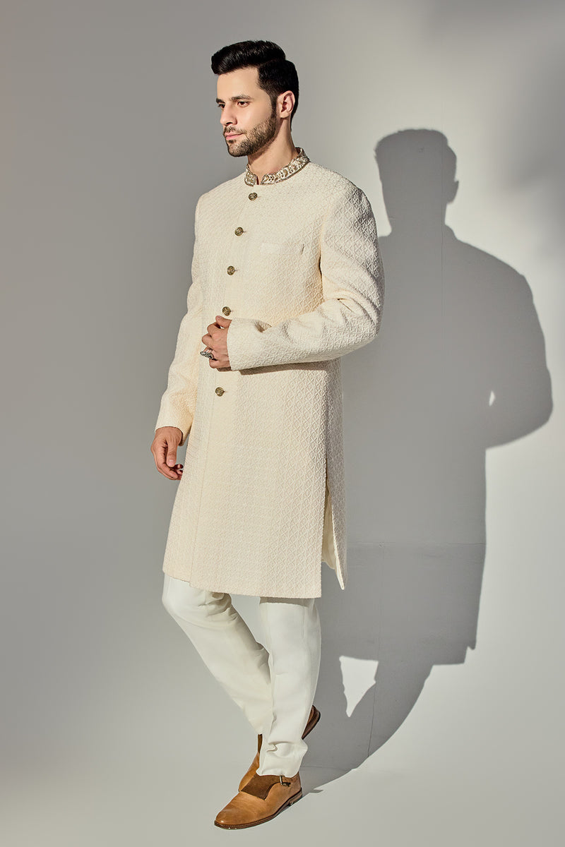 Light Pink Dabbi Achkan With Neck Gold Work