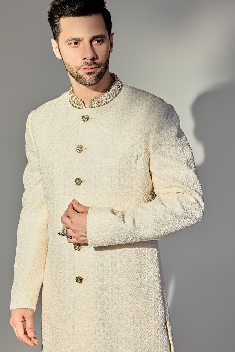 Light Pink Dabbi Achkan With Neck Gold Work