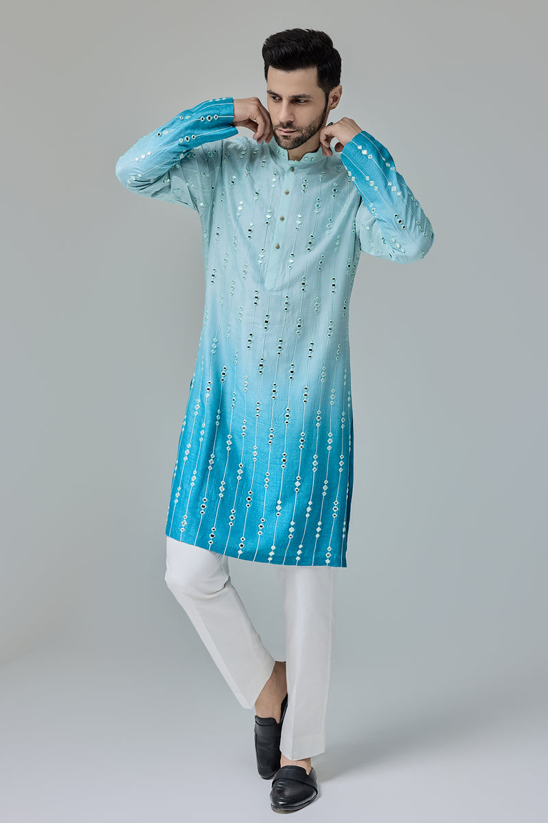 Blue White Ombre Kurta With Mirror Work