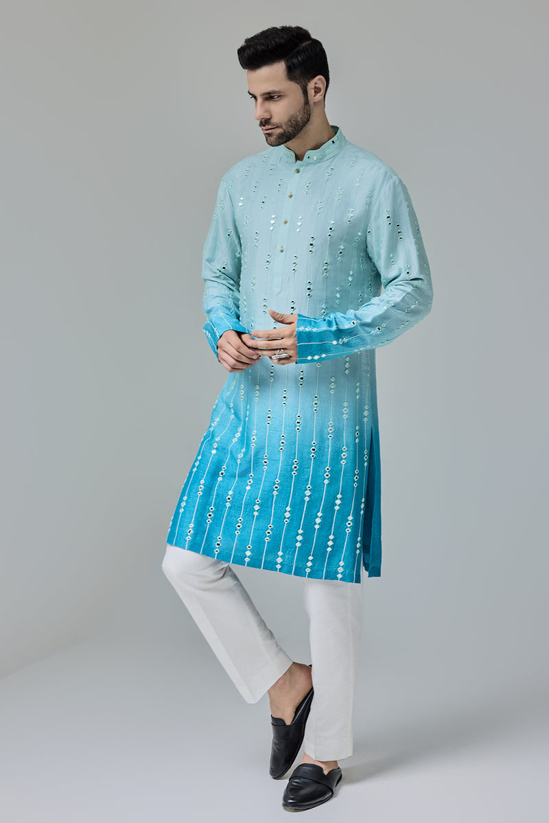Blue White Ombre Kurta With Mirror Work