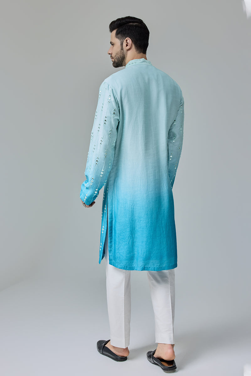 Blue White Ombre Kurta With Mirror Work