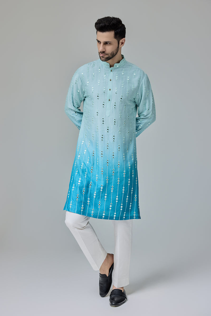 Blue White Ombre Kurta With Mirror Work