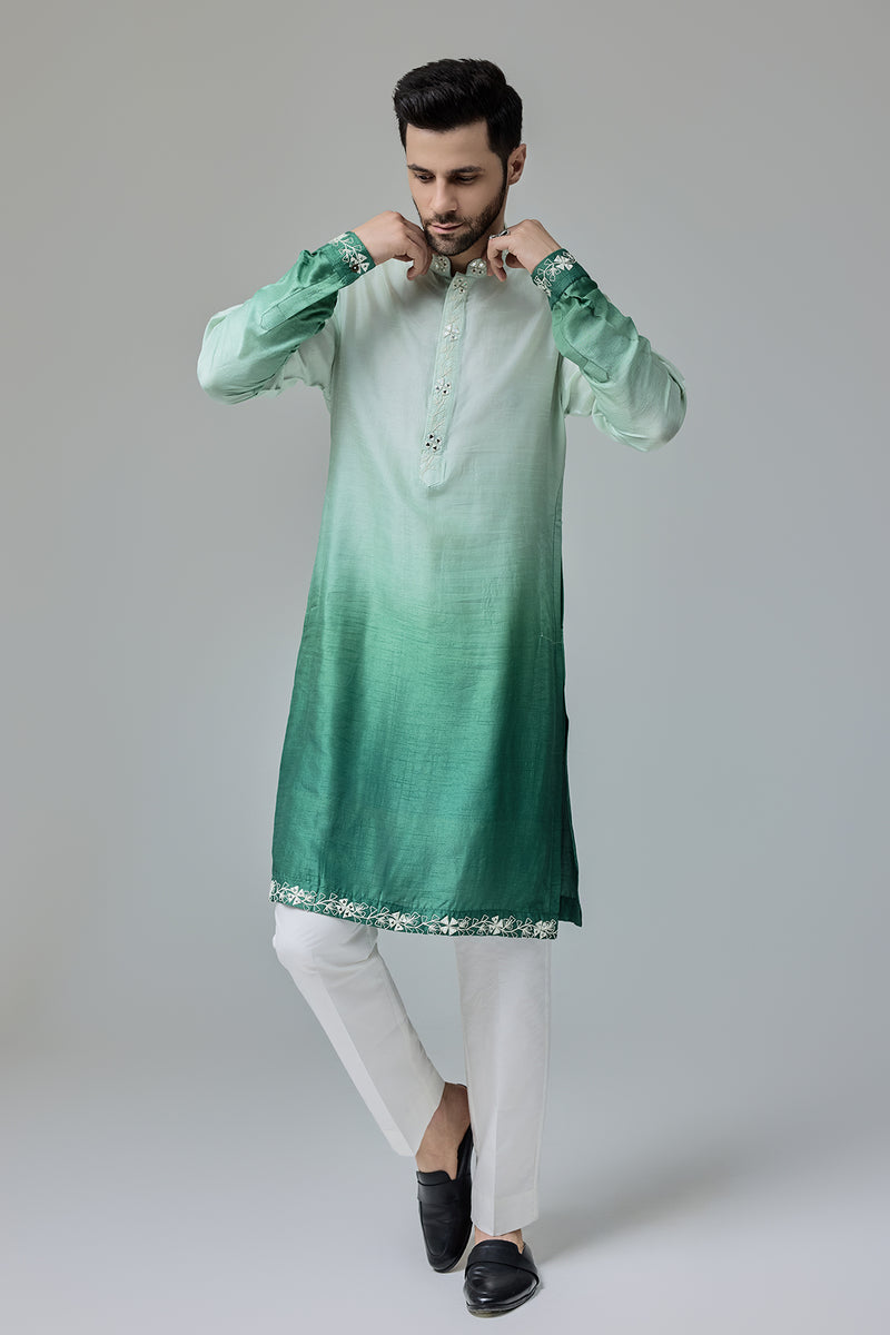 Green White Ombre Kurta With Mirror Work