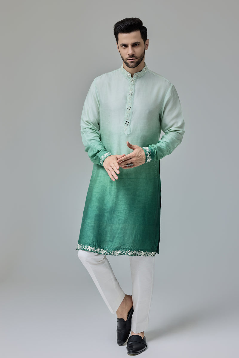 Green White Ombre Kurta With Mirror Work