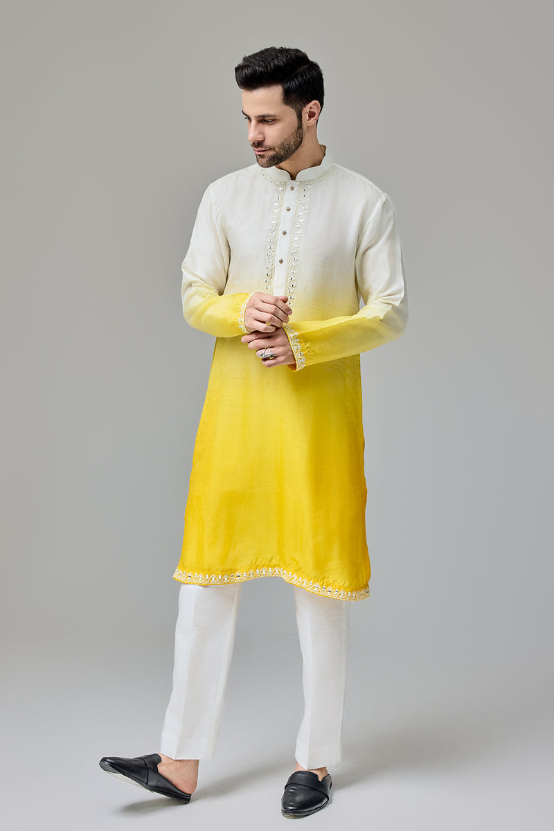Yellow White Ombre Kurta With Dori And Mirror Work