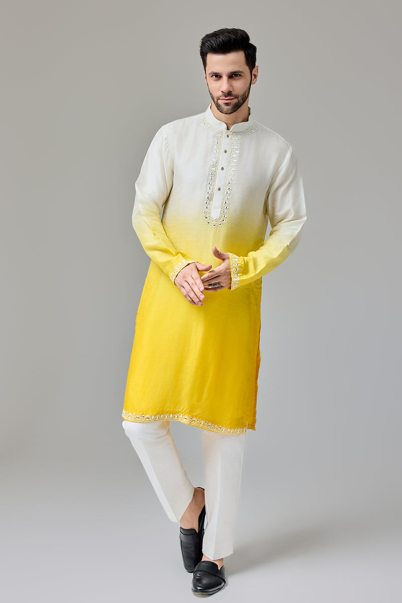 Yellow White Ombre Kurta With Dori And Mirror Work