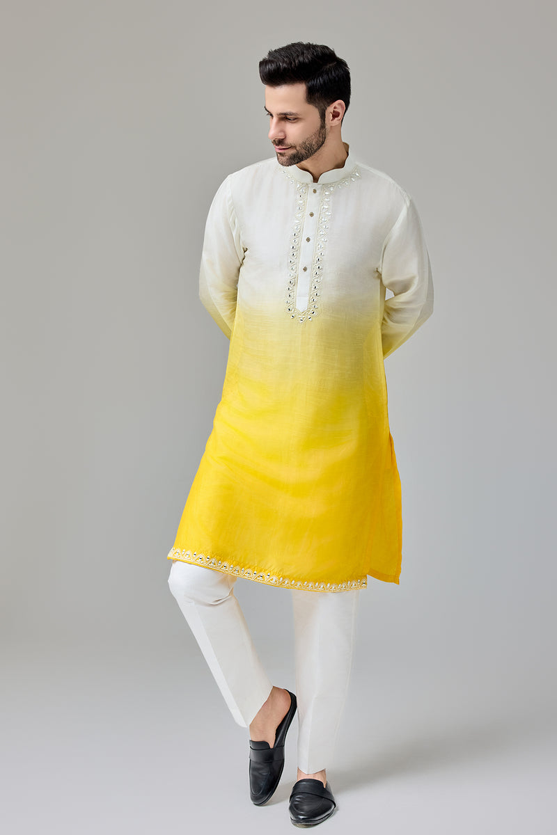 Yellow White Ombre Kurta With Dori And Mirror Work