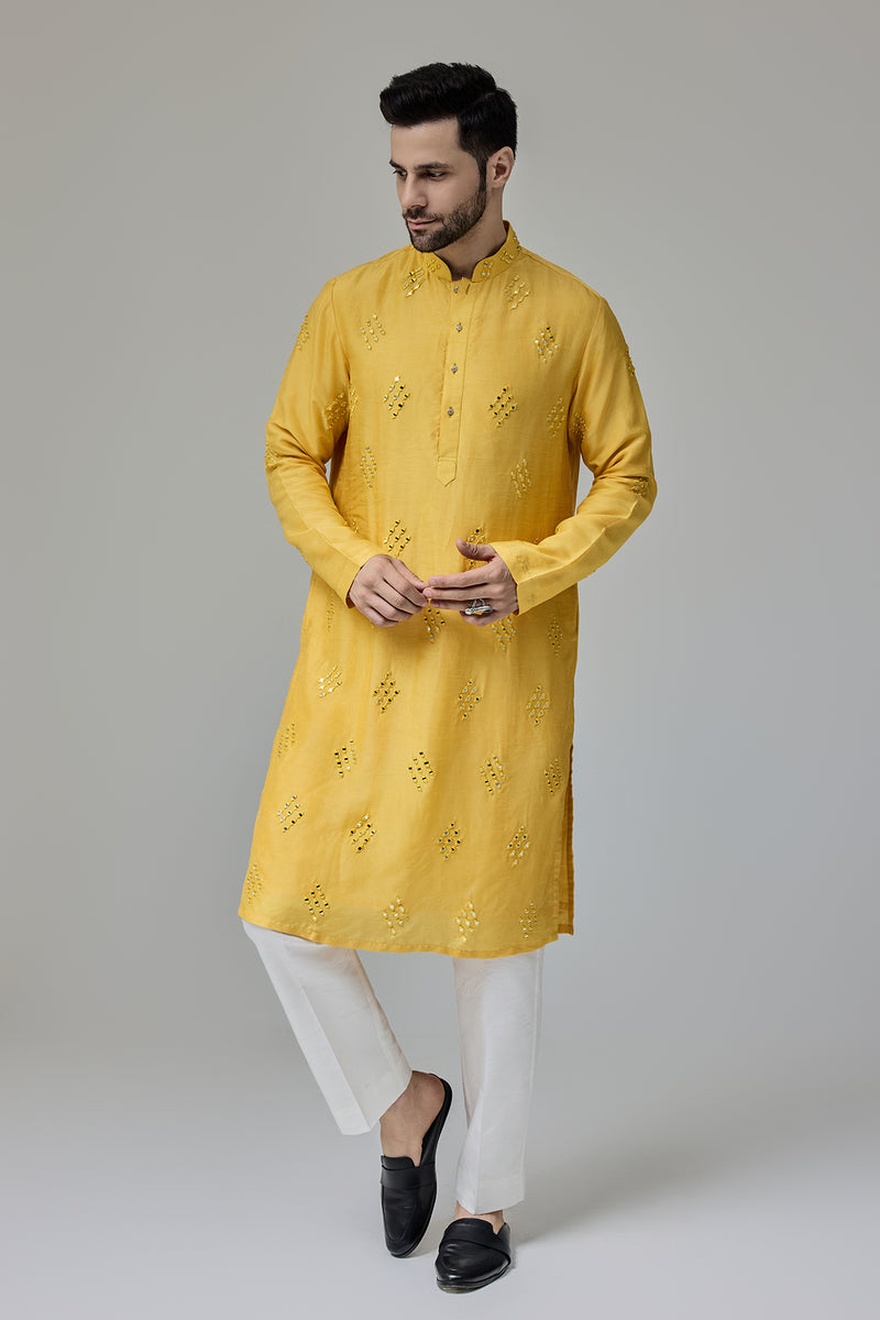Yellow Kurta With Mirror Work Motifs