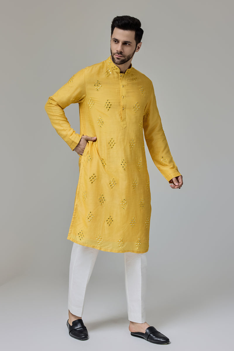 Yellow Kurta With Mirror Work Motifs