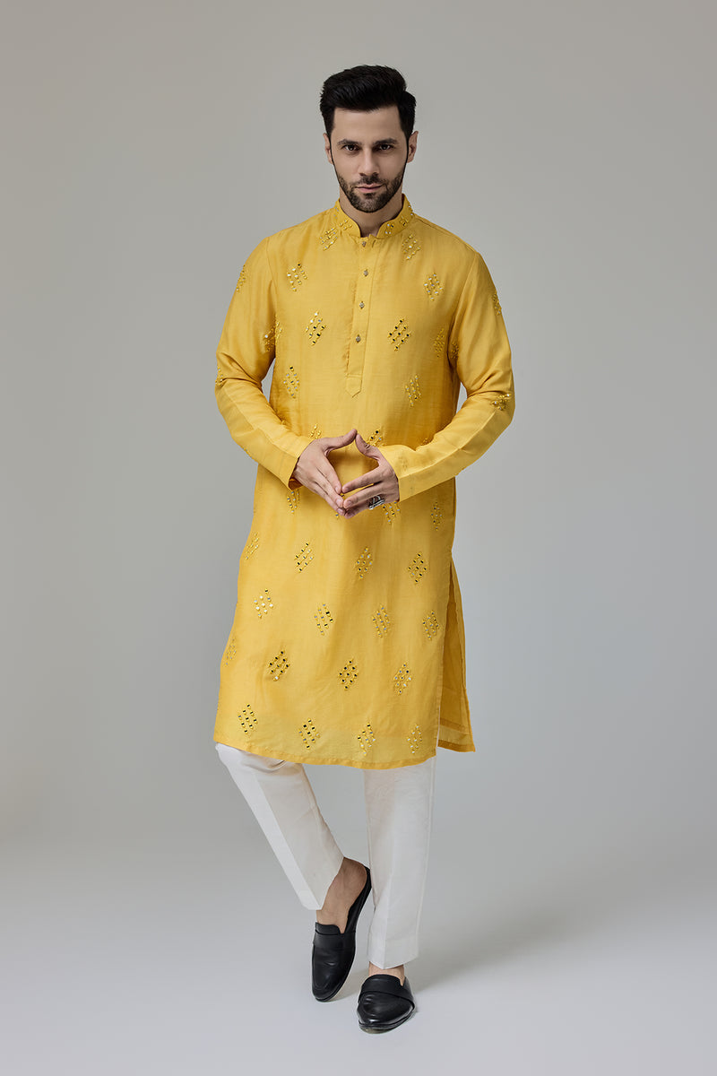 Yellow Kurta With Mirror Work Motifs