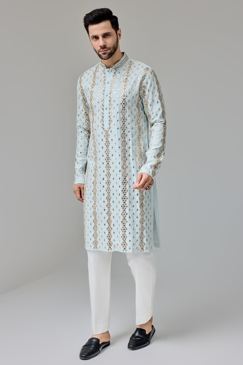 Light Blue Leather Patch Mirror Kurta With Zari
