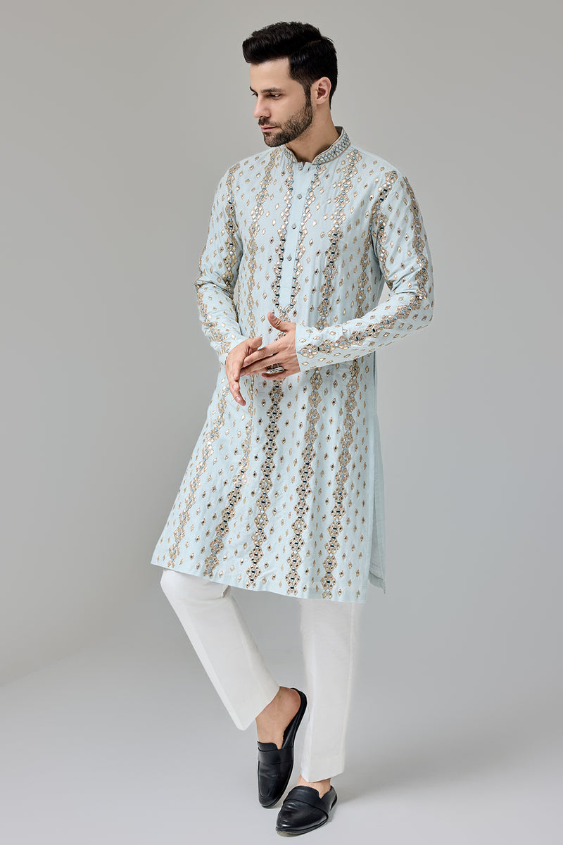 Light Blue Leather Patch Mirror Kurta With Zari