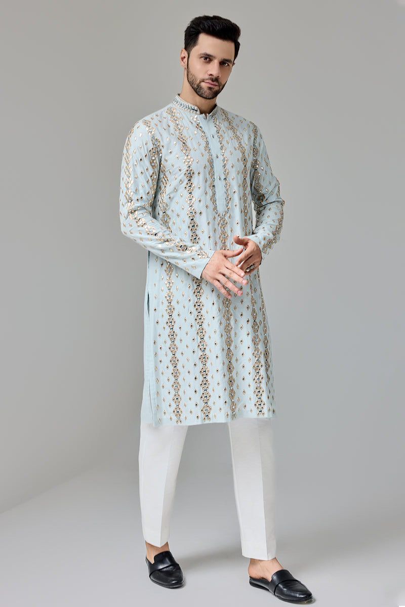 Light Blue Leather Patch Mirror Kurta With Zari