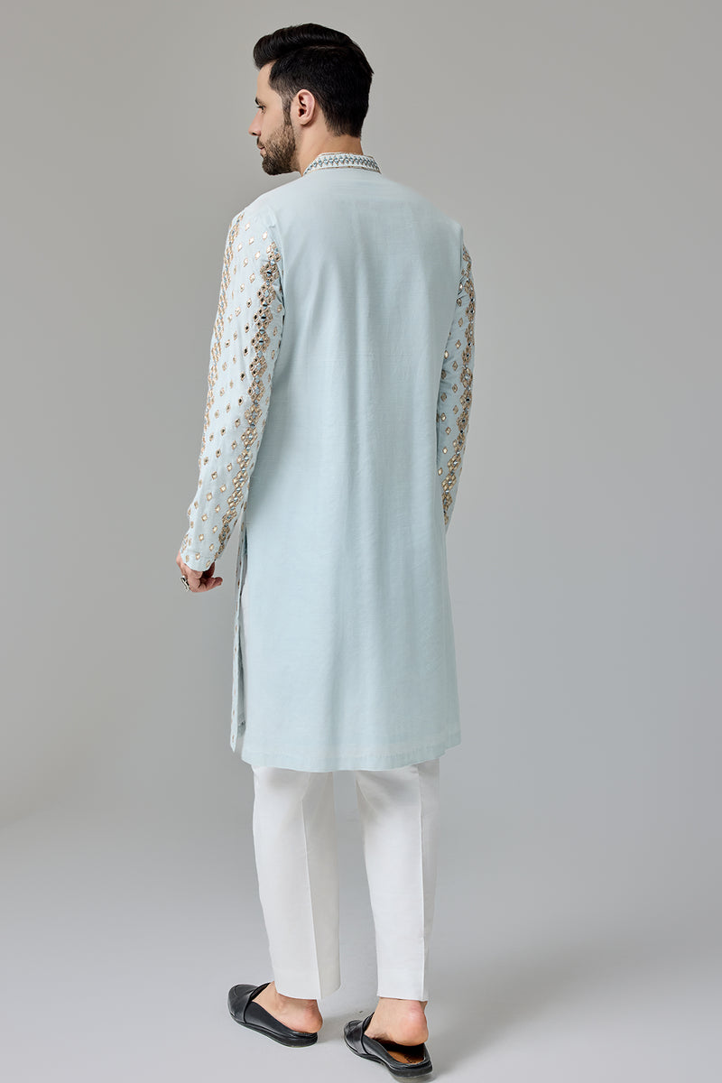 Light Blue Leather Patch Mirror Kurta With Zari