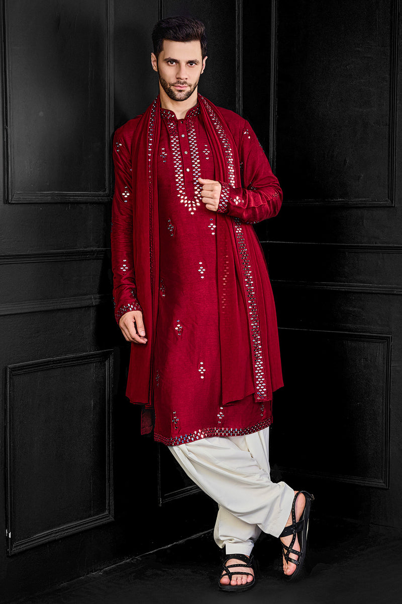 Red Mirror Kurta With Salwar And Dupatta
