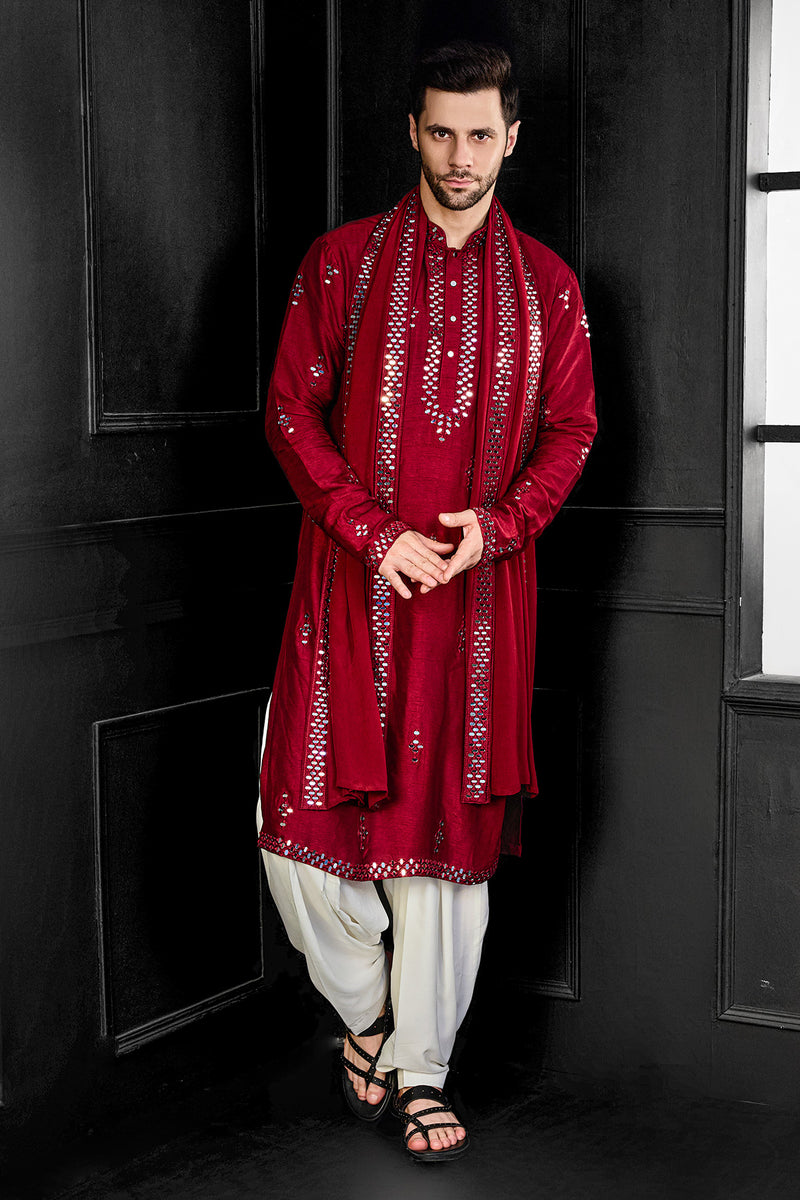 Red Mirror Kurta With Salwar And Dupatta