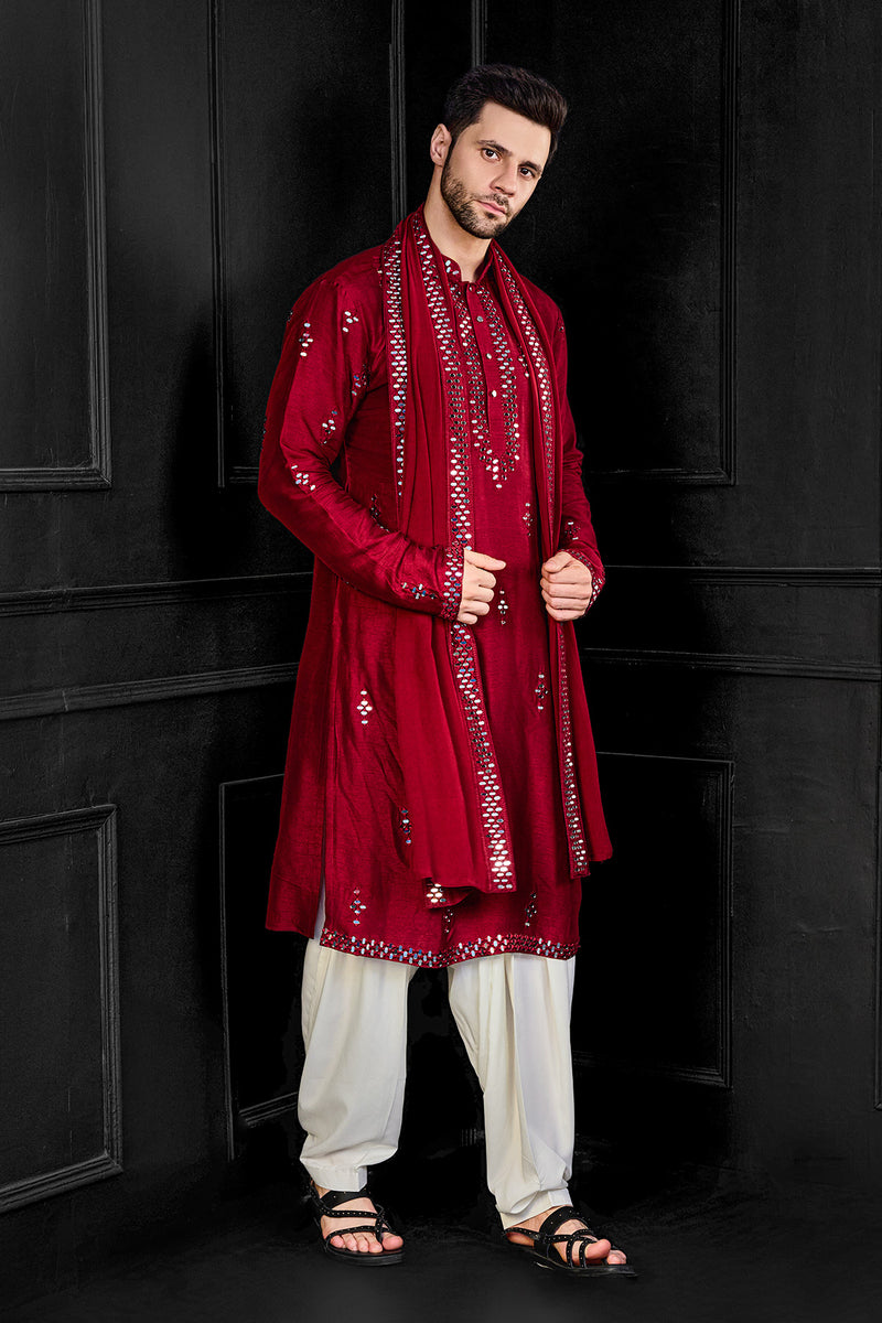 Red Mirror Kurta With Salwar And Dupatta