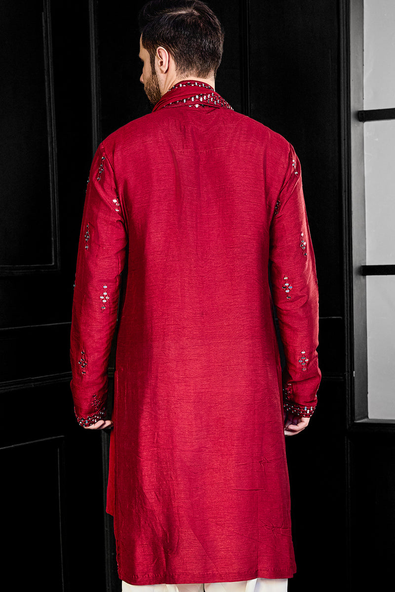 Red Mirror Kurta With Salwar And Dupatta