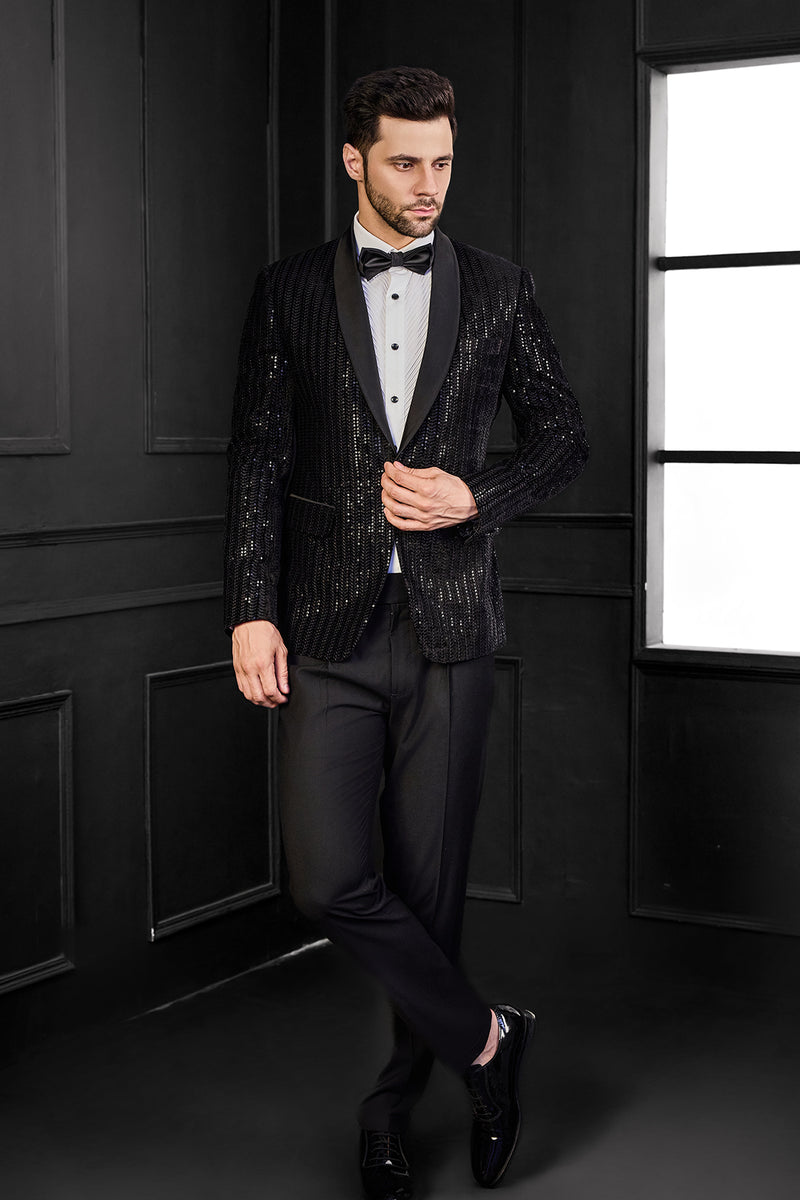 Thread Embriodry With Sequins Herringbone Design Tuxedo