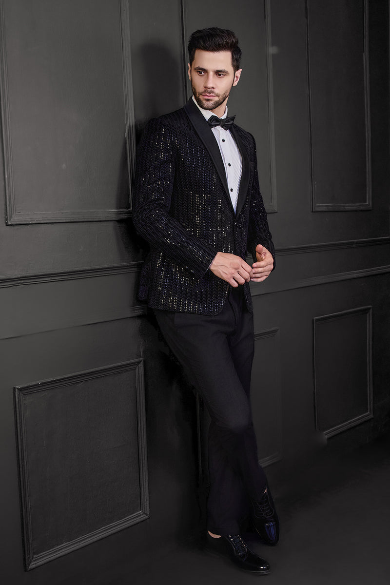Thread Embriodry With Sequins Herringbone Design Tuxedo