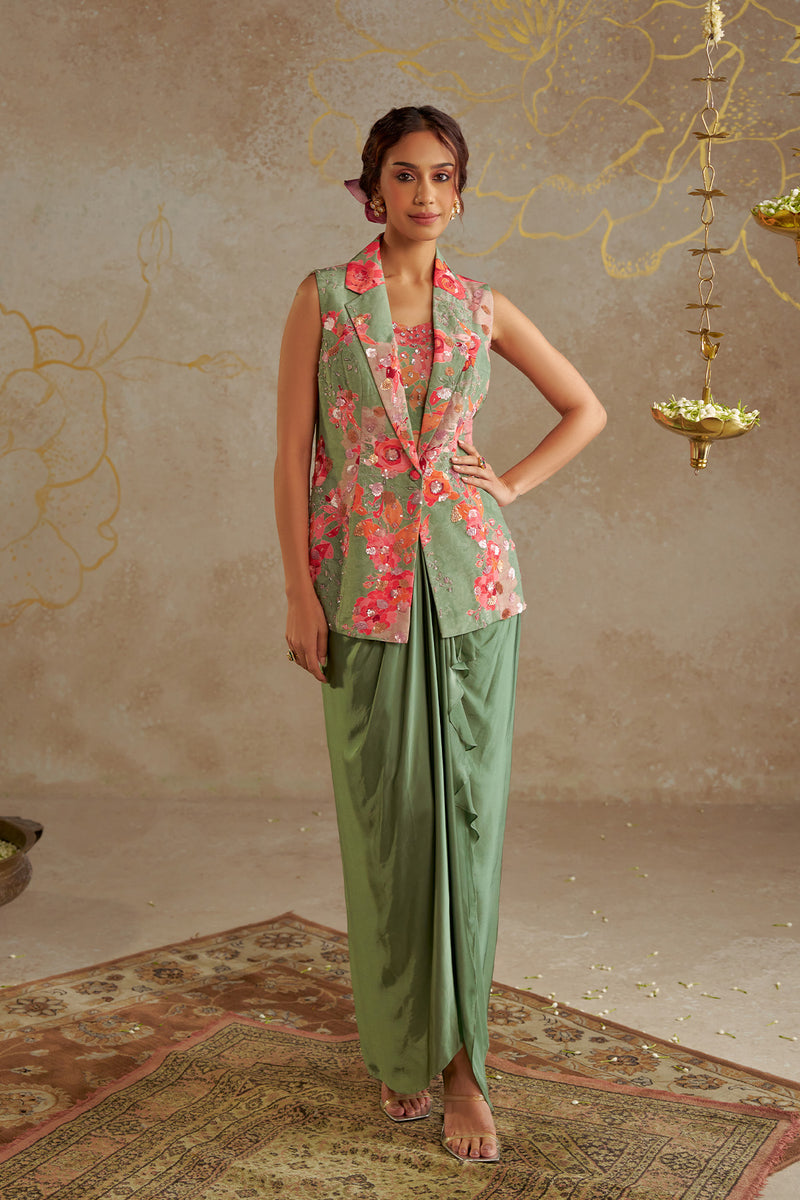 Jade Rose Jacket Set with Draped Skirt and Bustier