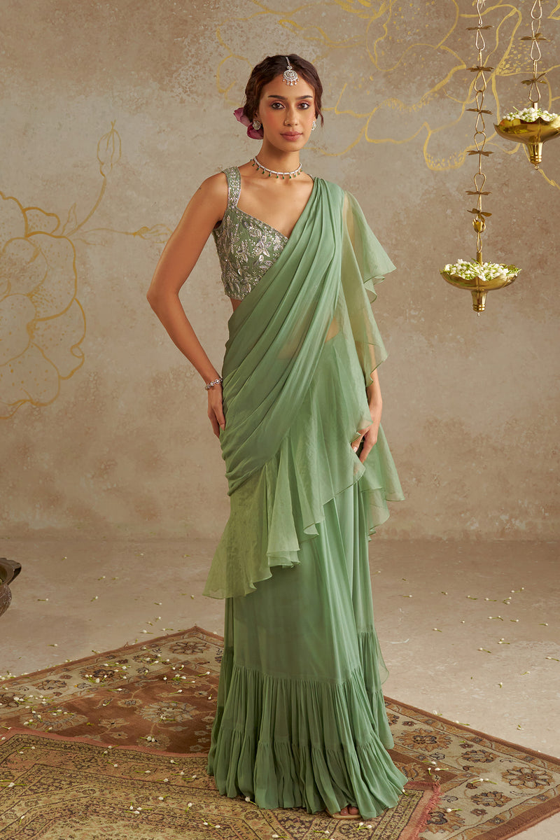 Jade  Pre- Draped Frill Saree