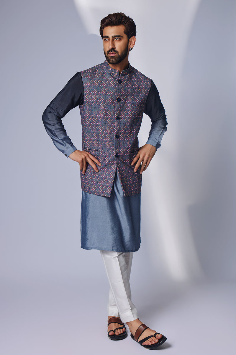 Grey Zhaki Print Multicolor Linen Nehru Jacket Set