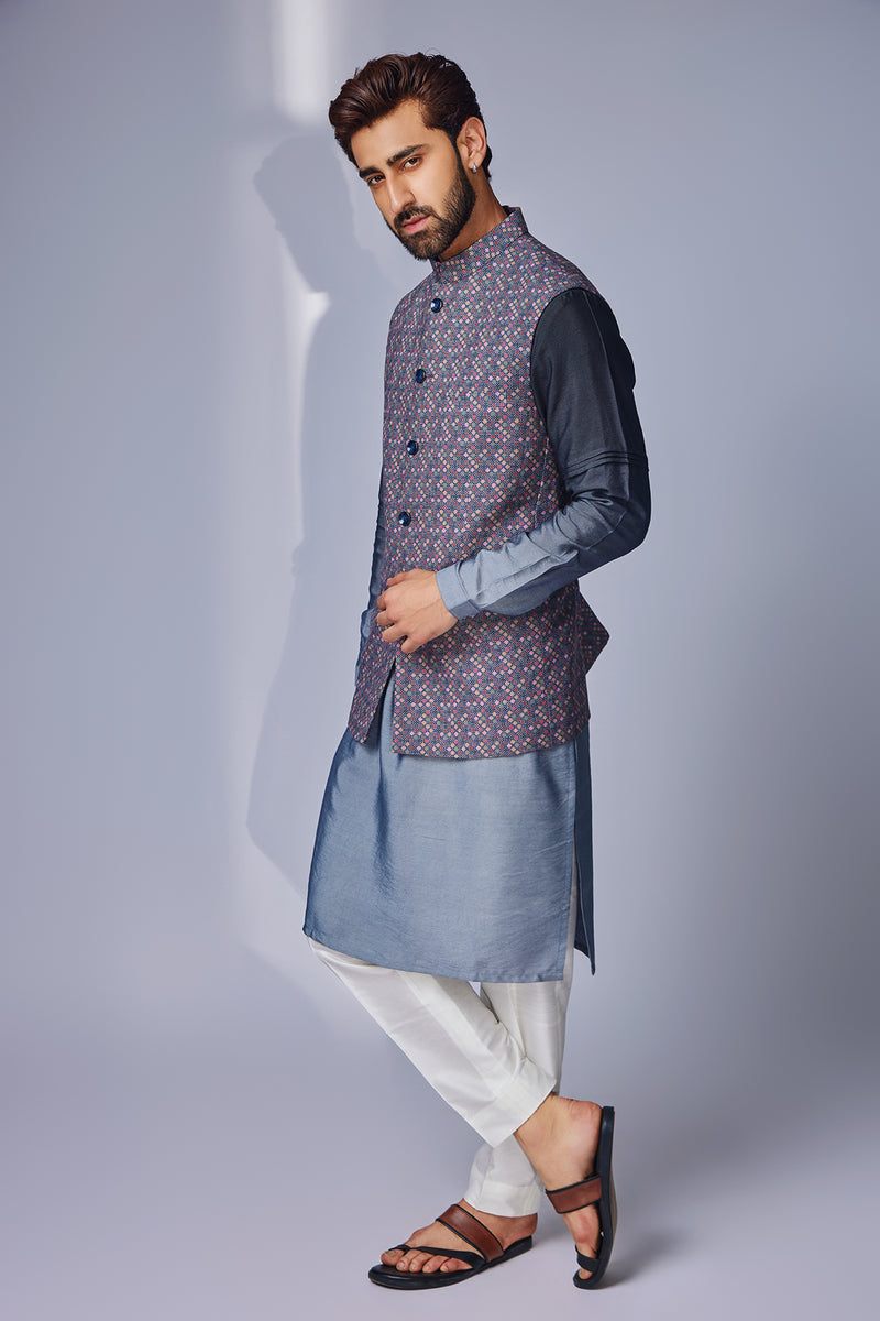 Grey Zhaki Print Multicolor Linen Nehru Jacket Set