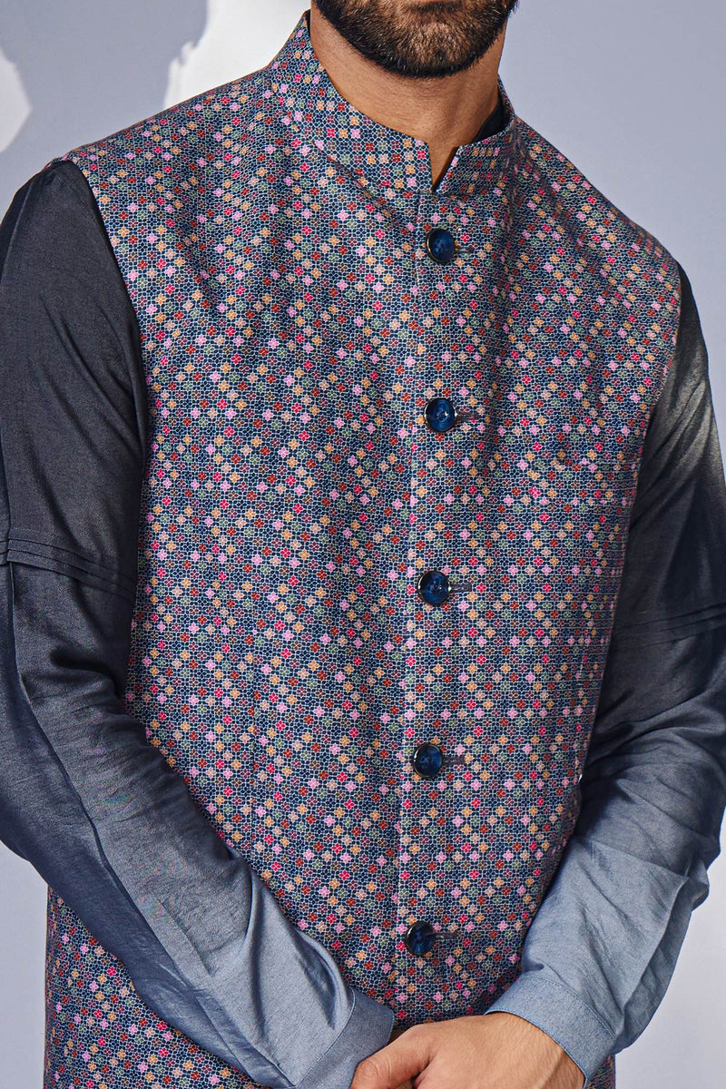 Grey Zhaki Print Multicolor Linen Nehru Jacket Set