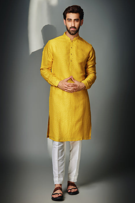 Mustard Hexagon Self Kurta +Pant Pyjama