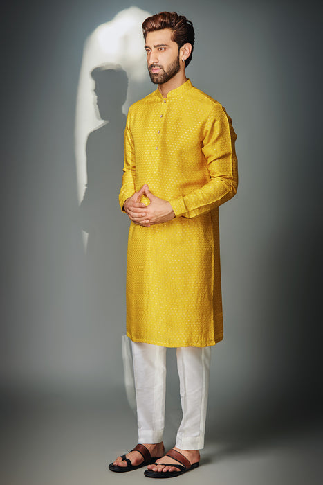 Mustard Hexagon Self Kurta +Pant Pyjama