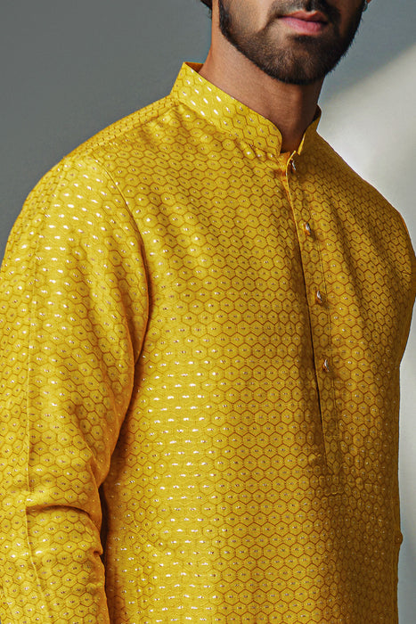Mustard Hexagon Self Kurta +Pant Pyjama
