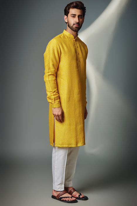 Mustard Hexagon Self Kurta +Pant Pyjama