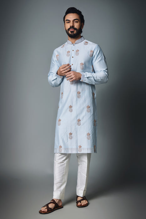 Pineapple Emb. Light Blue Color Kurta