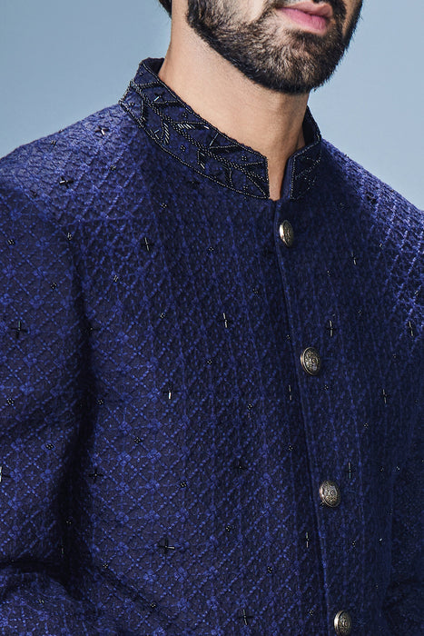 Navy Blue Achkan With Scattered Black Katdana Work