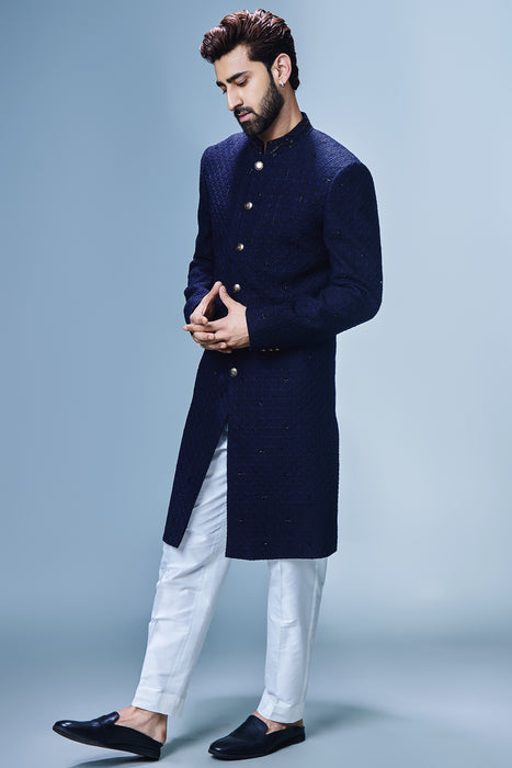 Navy Blue Achkan With Scattered Black Katdana Work