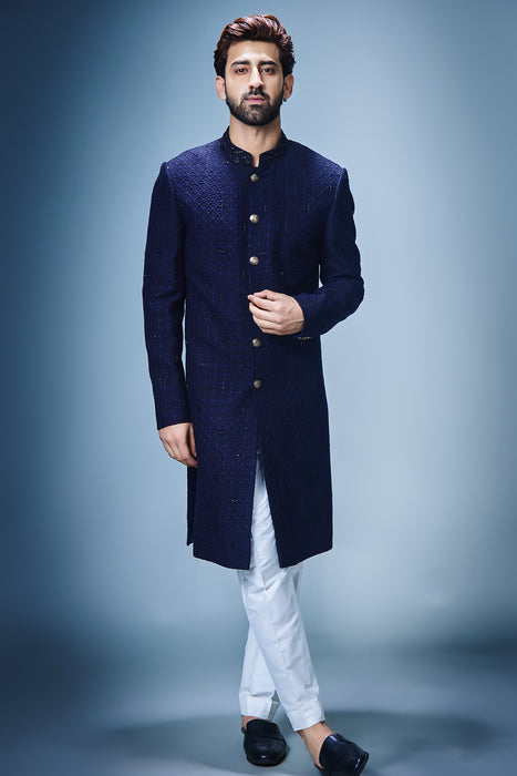 Navy Blue Achkan With Scattered Black Katdana Work