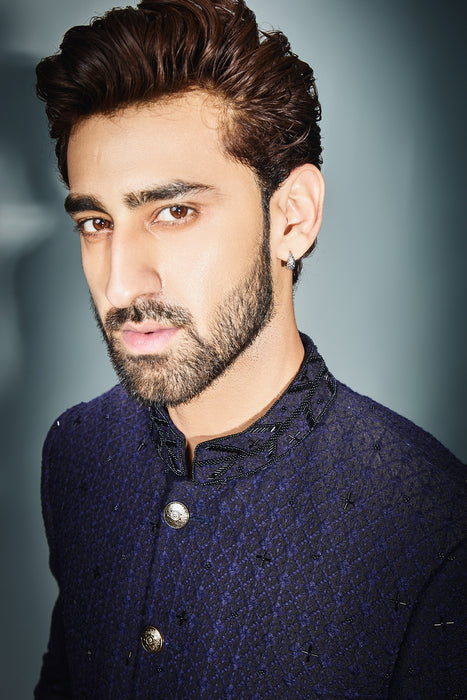 Navy Blue Achkan With Scattered Black Katdana Work