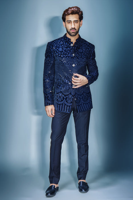 Navy Blue Sequins Emb Bandhgala With Thread Work With Pant
