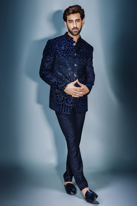 Navy Blue Sequins Emb Bandhgala With Thread Work With Pant