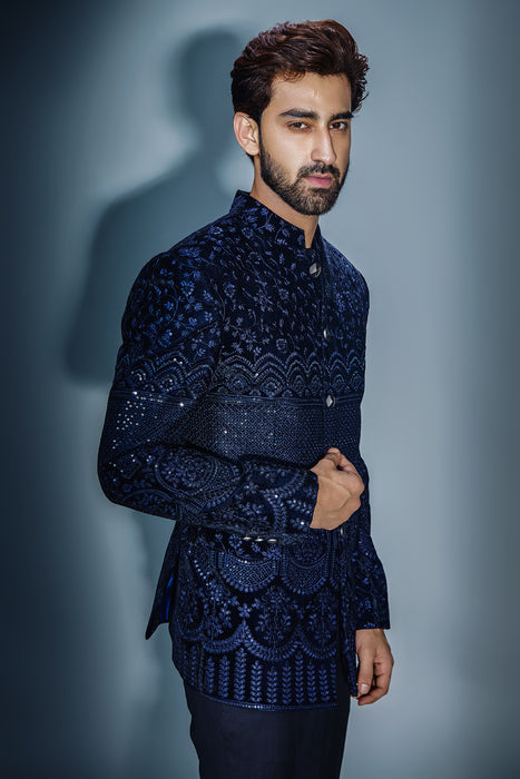 Navy Blue Sequins Emb Bandhgala With Thread Work With Pant