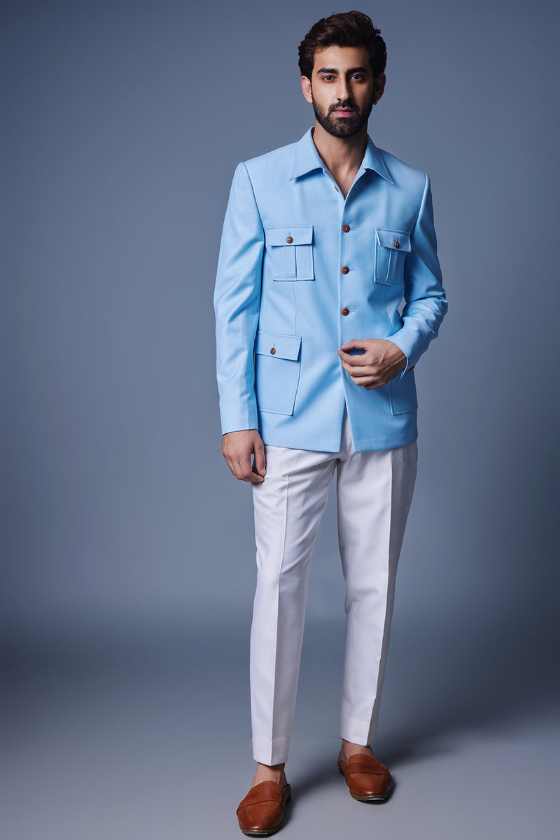 Light Blue Bandhgala With Patch Pocket