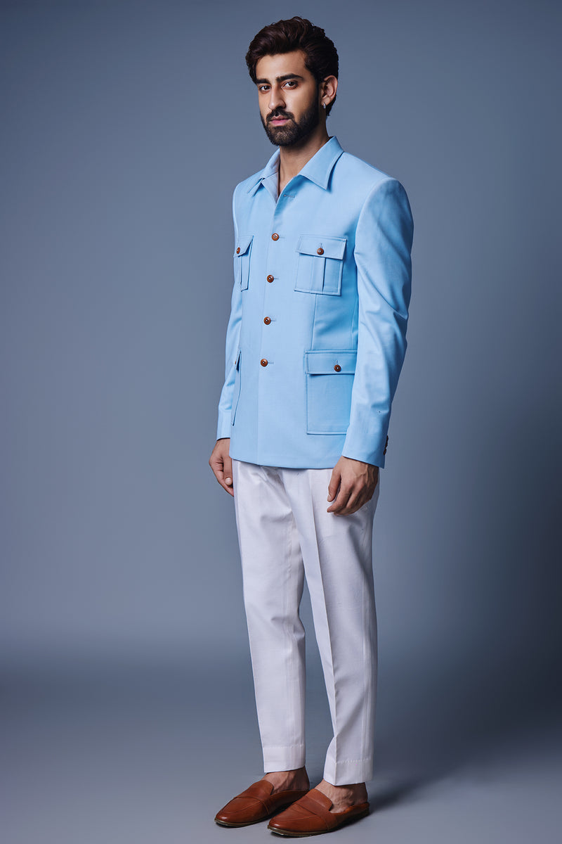 Light Blue Bandhgala With Patch Pocket