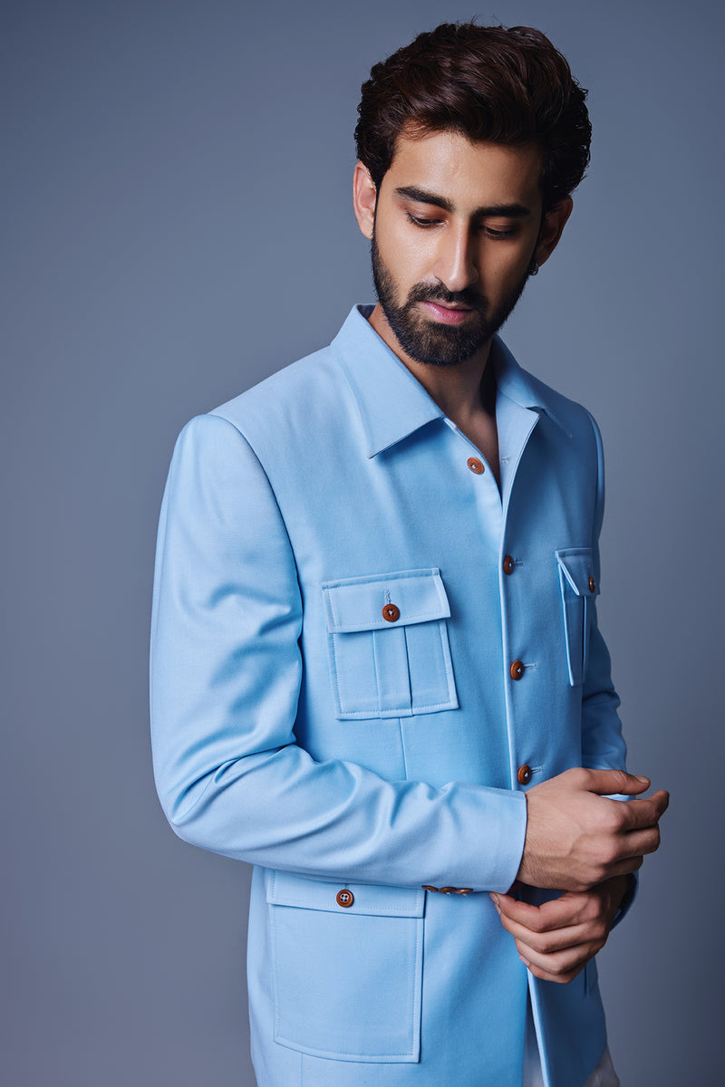 Light Blue Bandhgala With Patch Pocket