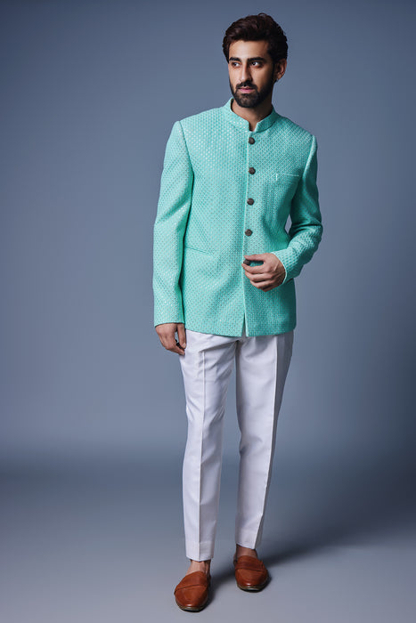 Sea Green Sequins Bandhgala With Pant