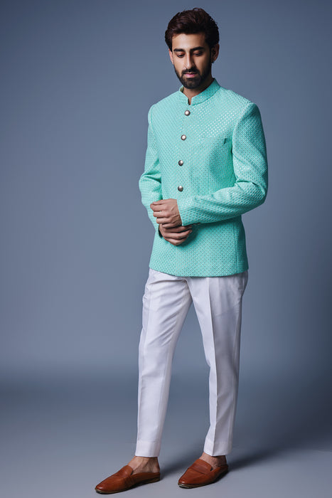 Sea Green Sequins Bandhgala With Pant